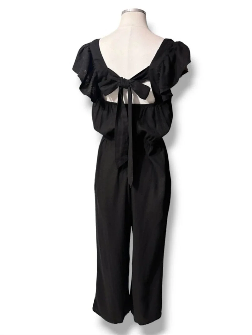 H&M Black Linen Blend Ruffle Strap Jumpsuit Size MediumLoose-fit,